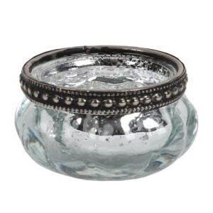 Teelichtglas Vintage in Silber verspiegelt mit Metallrand...