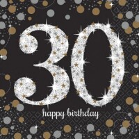 Servietten Funkelnde 30, Happy Birthday, schwarz, gold,...