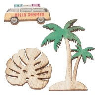 3 Holz Streuteile Sommer, Palme, Monsterablatt, Retro...