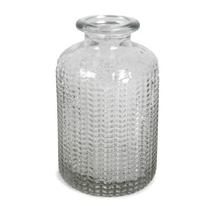 Kleines Glas Flaschen Väschen, gemustert, klar, 10 cm.