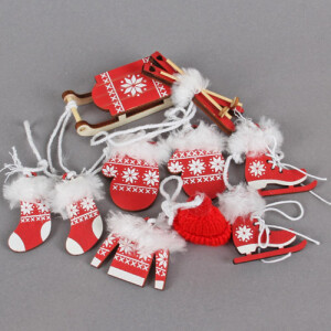 6 tlg. Holz Christbaumschmuck, Winterdeko-Set in Rot, 50...