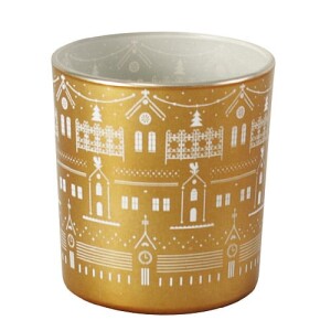 Teelichtglas Weihnachten, Winterdorf, Gold/Weiß, 80...