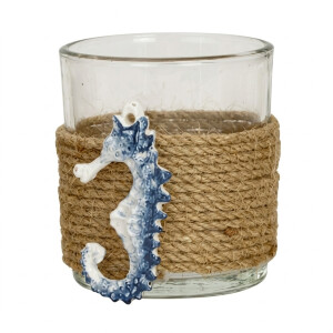 Teelichtglas Maritim, Seepferdchen in Blau/ Weiß,...