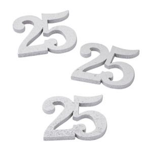 12 Holz Streuteile Jubiläumszahl 25 in Silber, 30 mm.