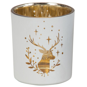 Teelichtglas Hirschkopf in Weiß/innen gold...