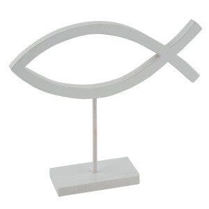 Christlicher Holz Fisch auf Sockel in Weiß, 23 cm.