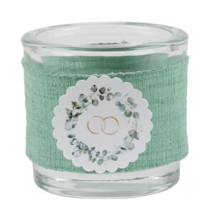 Teelichtglas Hochzeit, Eukalyptus, Eheringe, 65 mm.