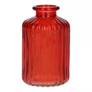 Kleines Glas Flaschen Väschen, gestreift in Rot, 10 cm.