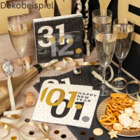 20er Pack Servietten Silvester, Neujahr, Zahlen in Schwarz/G