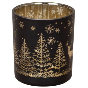 Teelichtglas Winterwald mit Hirsch in Schwarz/Gold...