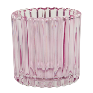 Teelichtglas, Windlicht mit Rillenstruktur in Rosa, 75 mm.