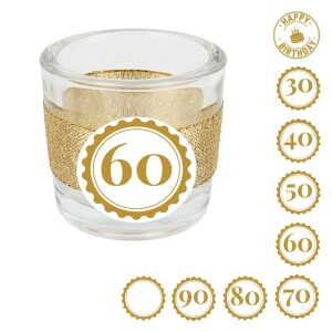 Teelichtglas Geburtstag, Glitzerband in Gold mit...