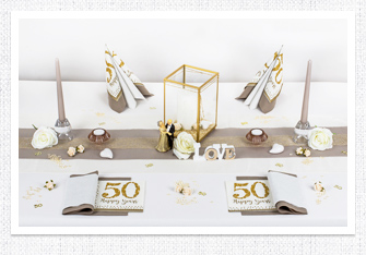Goldene Hochzeit Tischdeko in Gold-Greige