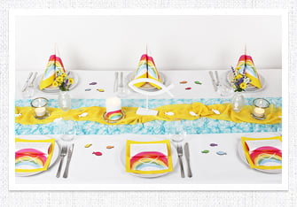 Kommunion, Konfirmation Tischdeko Regenbogen in Gelb-Türkis