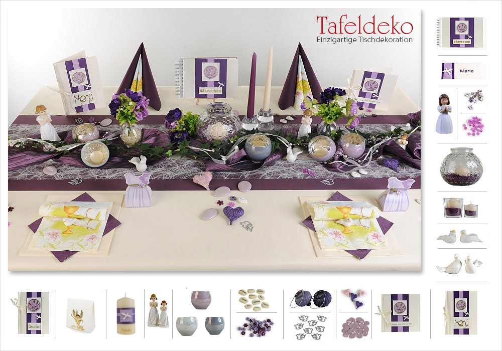 moderne deko kommunion, 10. mustertisch taube in flieder-lila - tischdeko kommunion, Design ideen